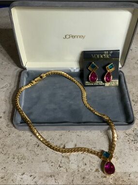 jcpenney Gold Necklace with Pink Teardrop and Blue Accent